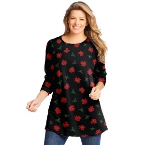 Woman Within Plus Size Perfect Printed Long-Sleeve Crewneck Tunic - 1 of 4