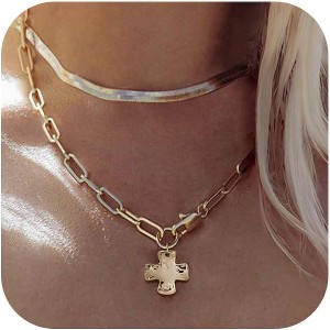 Layered Chunky Cross Necklace 14K Gold Silver Non Tarnish Statement Jewelry - 1 of 4