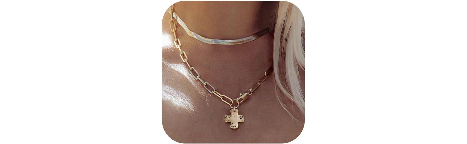 SmallRig Layered Chunky Cross Necklace 14K Gold Silver Non Tarnish Statement Jewelry