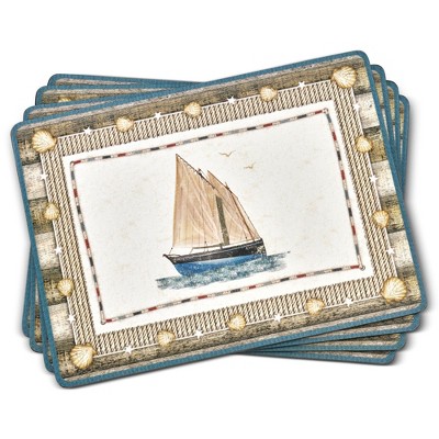 Pimpernel Coastal Breeze Placemats Set of 4 with Cork Backing - Heat & Stain Resistant Dining Table Mats Featuring Beach-Inspired Blue & White Design