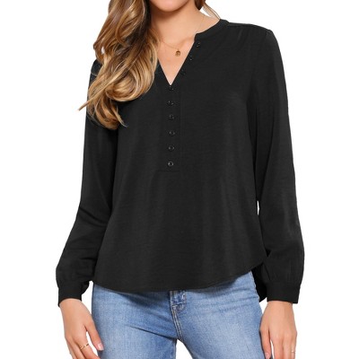 INSPIRE CHIC Women's Long Lantern Sleeve V Neck Button Front Dressy Top