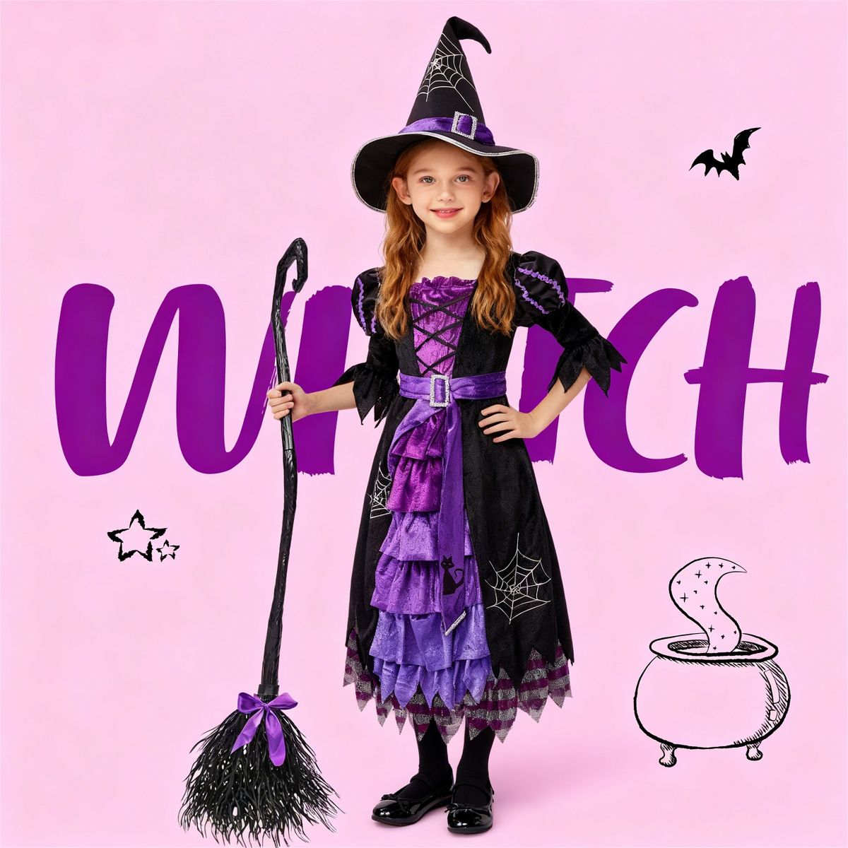 Joyfy Halloween Fairytale Witch Costume for Girls – Deluxe Set with Broom, Hat & Dress (Magic-Themed!) - thumbnail 7