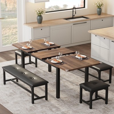 5 Pieces Dining Table Set - For 4-6, 63" Extendable Dining Room Table Set, Kitchen Table with Upholstered Benches and Stools, Ideal for Small Space