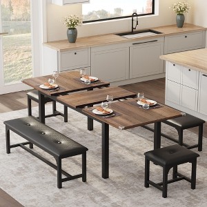 5 Pieces Dining Table Set - For 4-6, 63" Extendable Dining Room Table Set, Kitchen Table with Upholstered Benches and Stools, Ideal for Small Space - 1 of 4