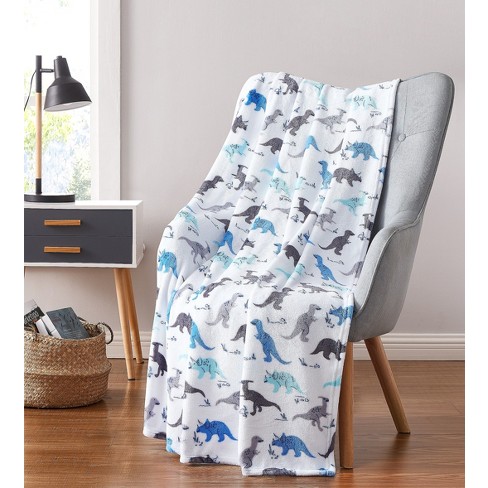 Kate Aurora Juvi Essentials Ultra Soft Plush White Blue Multi Dinosaur Fleece Accent Throw Blanket 50 in. W x 60 in. L