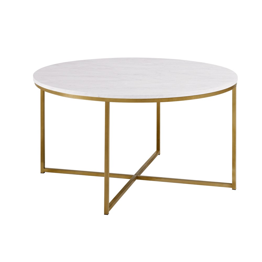 Photos - Coffee Table Vivian Glam X Leg Round  Faux White Marble/Gold - Saracina Hom