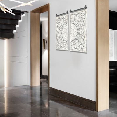 Distressed Ivory White Wood Floral Wall Art Set with Iron Bar