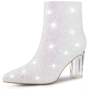 Perphy Women's Sparkly Glitter Upper Side Zipper Clear Block Heel Ankle Booties - 1 of 3