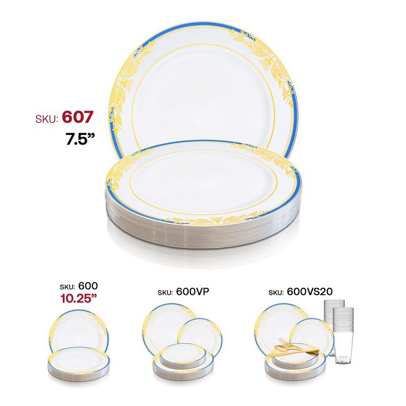 Smarty Had A Party 7.5" White with Blue and Gold Harmony Rim Plastic Appetizer/Salad Plates (120 Plates), 5 of 7