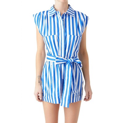 Women's Striped Pintuck Tie Belt Romper - Grey Lab