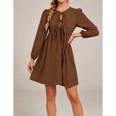 Women Long Sleeve Tie Front Mini Dress Casual V Neck Puff Sleeve Loose Tunic Dress, Brown, S