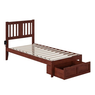 Walnut Twin Wood Platform Bed with Drawer and USB Charger