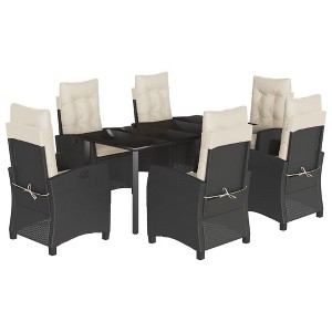 vidaXL 7 Piece Patio Dining Set - Cushions & Adjustable Backrest, Black Poly Rattan, Tempered Glass Table for Garden/Patio/Yard/Outdoor Deck - 1 of 4