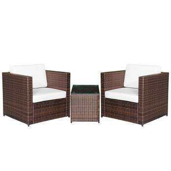 Outsunny 3 Piece Wicker Bistro Patio Set for 2, Rattan Porch Chairs, Cushions, Glass Side table, Garden or Balcony Furniture Conversation Set