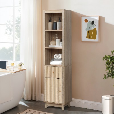 Tall Brown Wave-Patterned Wood Bathroom Storage Cabinet