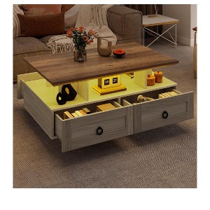 Wood Farmhouse Industrial Cocktail Center LED Coffee Table with Storage 4 Drawers For Living Room - 1 of 4