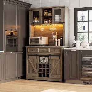Garvee 72'' Coffee Bar Cabinet with LED Light and Power Outlet, Large Kitchen Hutch with 3 Drawers and Glass Rack, Tall Wine Cabinet for Home Bar - 1 of 2
