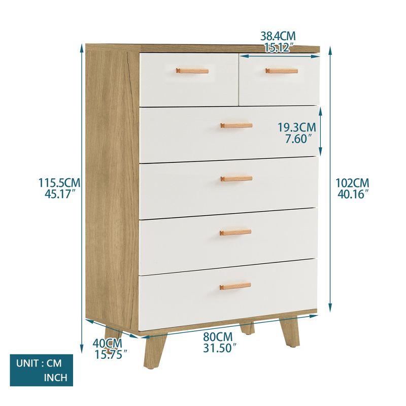 Modern 6 Drawer Dresser with Solid Wood Legs and Handles, White + Oak - ModernLuxe, 3 of 13