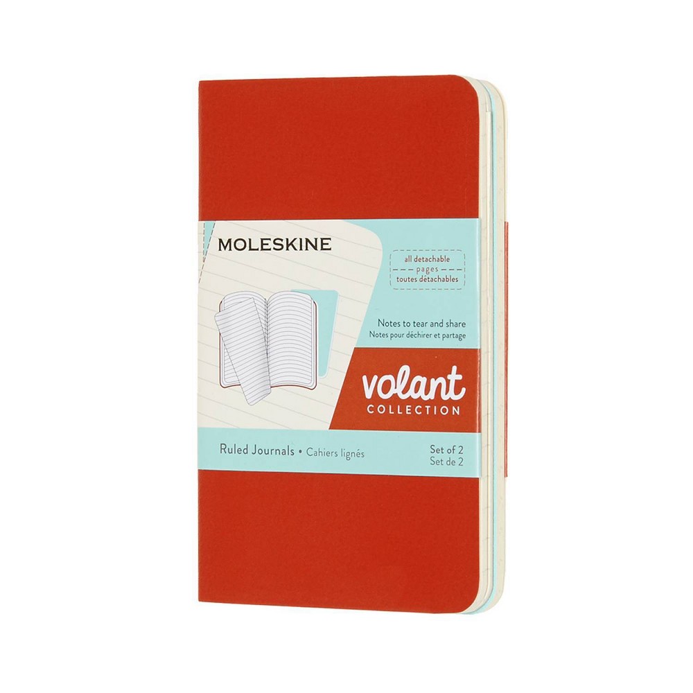 Moleskine Volant Ruled Pocket Journals XS 2.5"x4.25" 2‑Pack Coral and Aquamarine