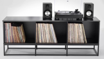 Black Steel Minimalist Media Console with Vinyl Storage