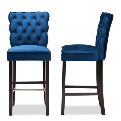 Elegant Navy Blue Velvet & Dark Wood Adjustable Barstool Set