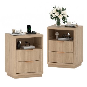 Fluted Farmhouse Night Stand, Fluted Nightstand with Charging Station, FlutedNightstand Bedroom with Drawers, Modern Mid Century Bedside Table - 1 of 4