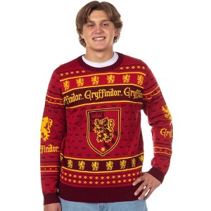 Seven Times Six Harry Potter Sweater Men's Hogwarts House Crests Logo Ugly Christmas Sweater - 1 of 4