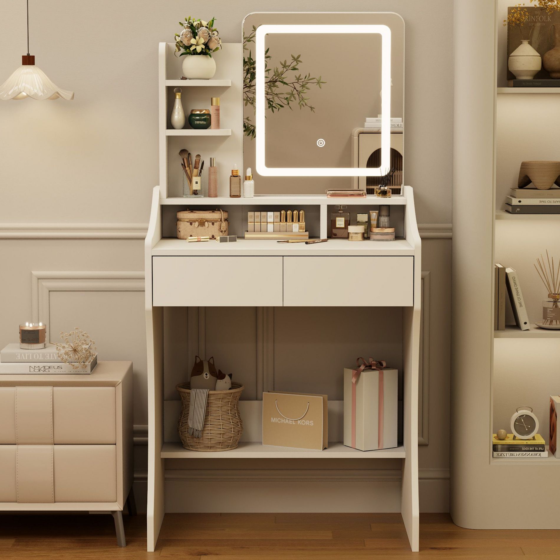 Small Vanity Desk with Mirror and Lights, Makeup Vanity with Drawer & 3 Storage Shelves for Bedroom,White