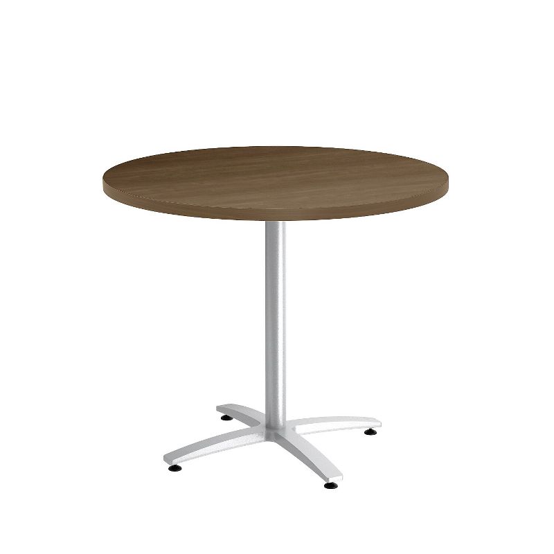 HITOUCH BUSINESS SERVICES 36" Round Pinnacle Laminate Seated Height Silver Base Table 54793, 1 of 2