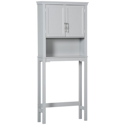 kleankin Modern Over The Toilet Storage Cabinet, Double Door Bathroom Organizer with Inner Adjustable Shelf and Open Shelf, Gray