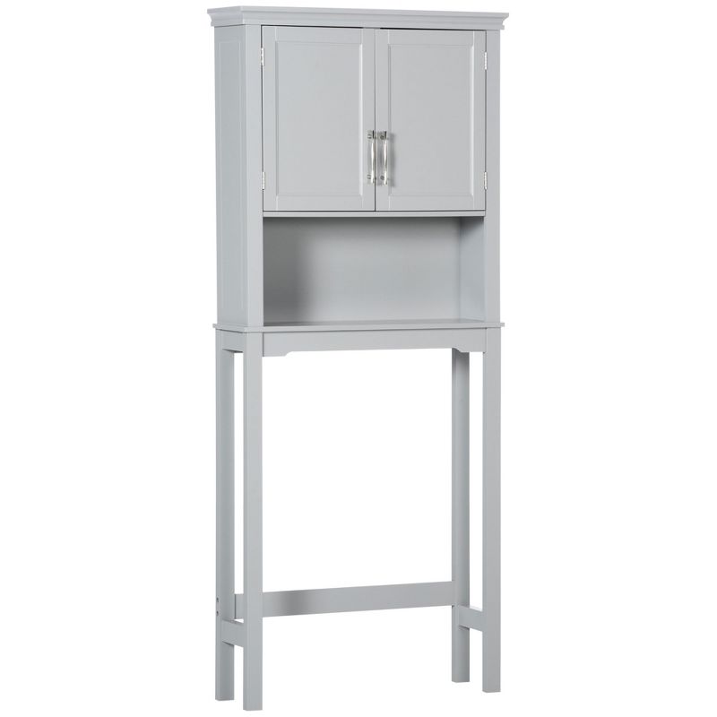kleankin Modern Over The Toilet Storage Cabinet, Double Door Bathroom Organizer with Inner Adjustable Shelf and Open Shelf, Gray, 1 of 7