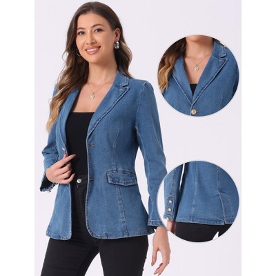 INSPIRE CHIC Women's Notched Lapel Denim Single Breasted Shoulder Pad Business Casual Blazer X-Small Light Blue — фото 2