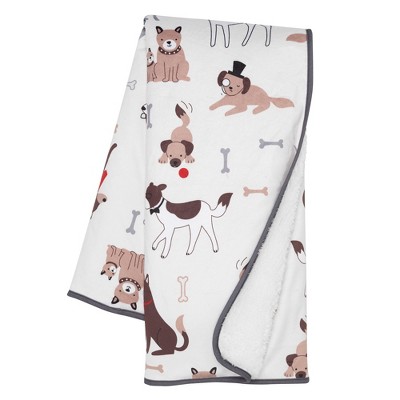Lambs & Ivy Bow Wow Dog/Puppy White Minky/Sherpa Fleece Soft Baby Blanket