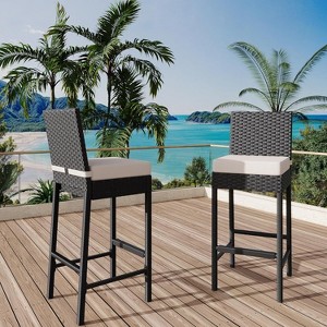 Rattan Bar Chair, Bar Stool with Cushions, Kitchen Barstool, Patio Wicker Chair Height Stool Set, Home Bar Seating - 1 of 4