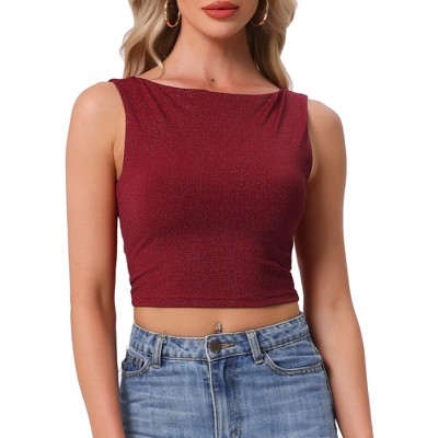 INSPIRE CHIC Women's Crew Neck Sleeveless Metallic Tweed Cropped Tank Top