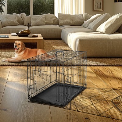 LAOTIES Heavy Duty Folding Metal Dog Crate With Divider Panel,Double Door Indoor Pet Kennel,Leak Proof Plastic Tray
