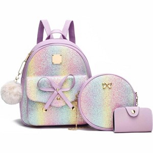 3-Pieces Girls Bowknot Fahsion Leather Backpack Backpack Purse for Women Rucksack - 1 of 4