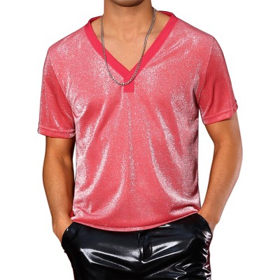 INSPIRE CHIC Men's V-Neck Short Sleeve Party Sheer Glitter T-Shirt