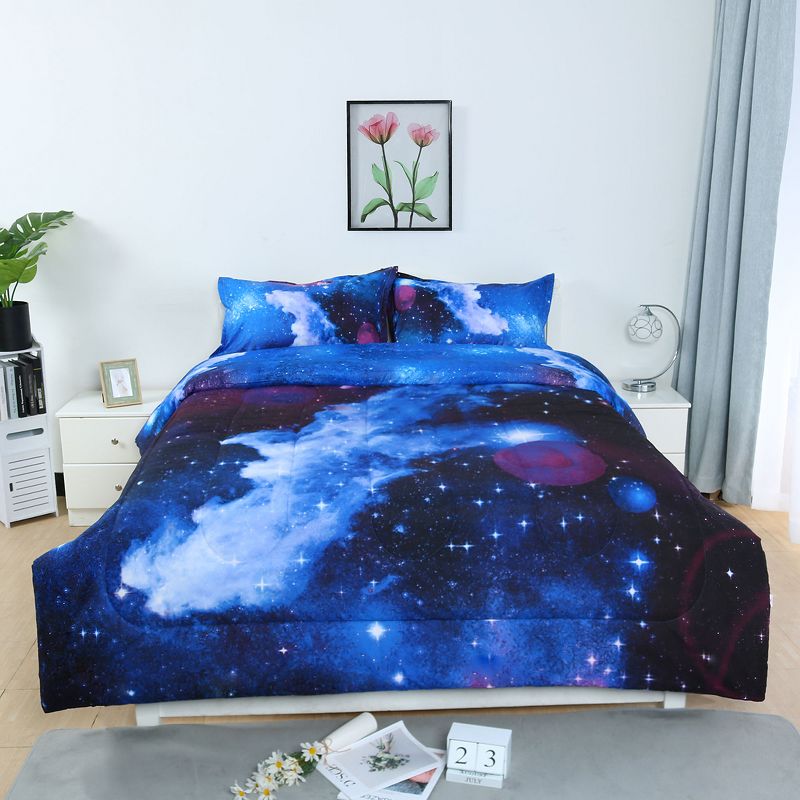 PiccoCasa Polyester Galaxy Pattern Warm Touch for Kids Comforter Bedding Sets 3 Pcs Navy, 1 of 8