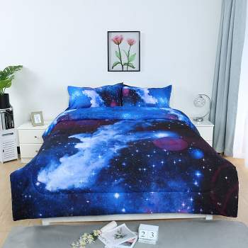 PiccoCasa Polyester Galaxy Pattern Warm Touch for Kids Comforter Bedding Sets 3 Pcs Navy