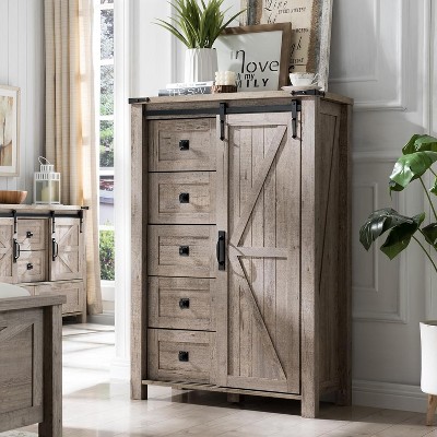 SinCiDo Farmhouse Modern 5 Drawer Tall Dresser w/Sliding Barn Door, Storage Organizer Dresser for Bedroom, Living Room & Kids Room