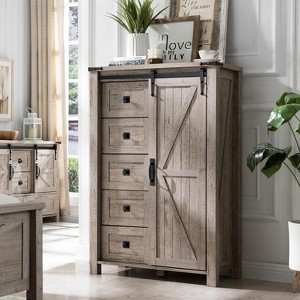 SinCiDo Farmhouse Modern 5 Drawer Tall Dresser w/Sliding Barn Door, Storage Organizer Dresser for Bedroom, Living Room & Kids Room - 1 of 4