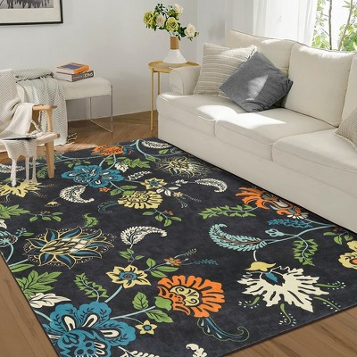 Floral Rug Vintage Distressed Rug Colorful Indoor Floor Mat Washable ...