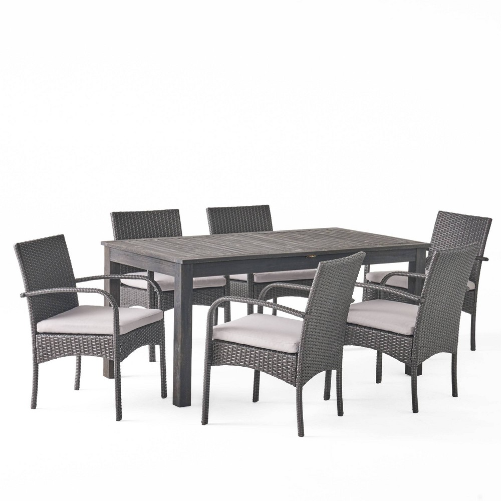 Photos - Garden Furniture Elmar 7pc Wood & Wicker Expandable Dining Set - Dark Gray/Gray - Christoph