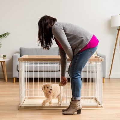 Large Light Brown and White Metal Dog Crate with Sliding Door