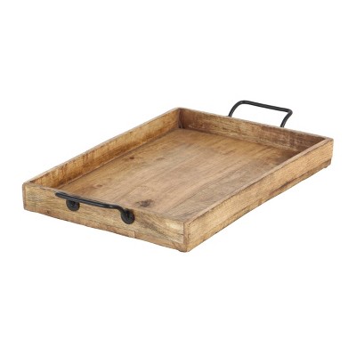 Rustic Brown Mango Wood Rectangular Tray Set with Slot Handles