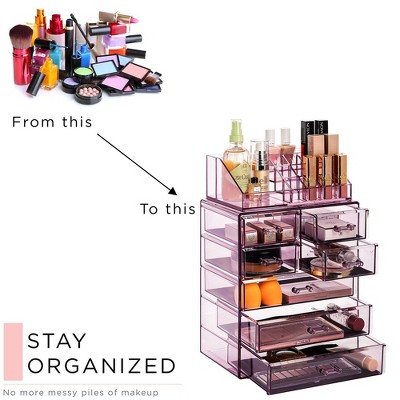 Purple Clear Acrylic Makeup Organizer with Drawers and Top Shelf