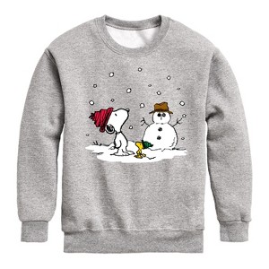 Boys' - Peanuts - Snoopy Woodstock Snowman Graphic Long Sleeve Fleece Sweatshirt - 1 of 4