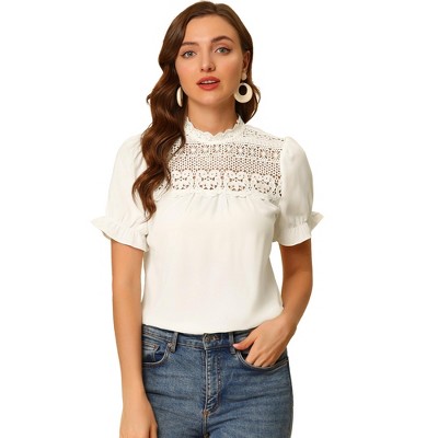 Allegra K Women's Summer Casual Chiffon Lace Panel Puff Sleeve Blouse