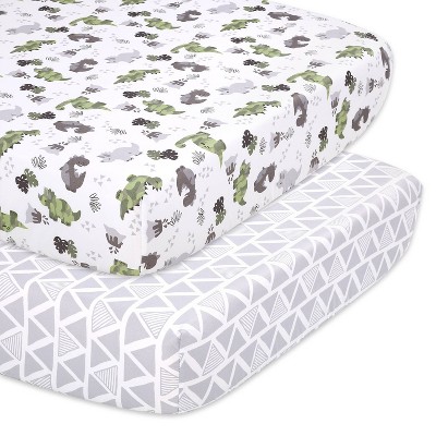 The Peanutshell Fitted Crib Sheets - Green and Gray Dinosaur - 2pk